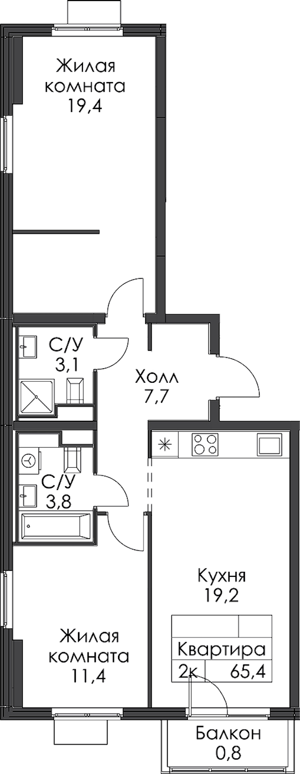 2-комнатная квартира 65.4 м², 5/15 эт., ЖК «Заречный парк»